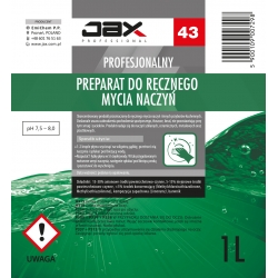 JAX PROFESSIONAL 43 1L - PŁYN DO RĘCZNEGO MYCIA NACZYŃ do mycia naczyń szklanych, ceramicznych, mycia ręcznego naczyń plastikowych, metalowych, mycie